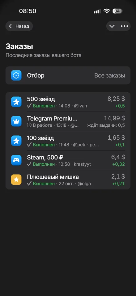 Заказы бота в кабинете